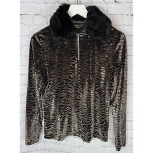 SKEA SHIMMIES Velour Velvet 1/2 Zip Long Sleeve Animal Print Brown Medium